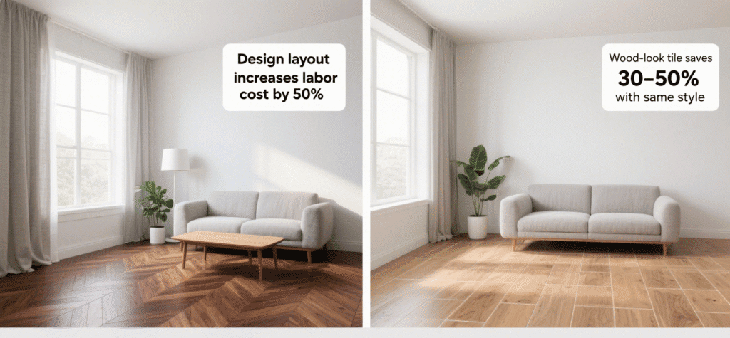 Side-by-side comparison of high-cost hardwood herringbone flooring and budget-friendly wood-look porcelain tile by VividCozy, showcasing design cost difference and style parity.