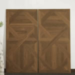 Real photo of Dynamic Geometric Teak Parquet Wood Look Tile planks, showcasing their intricate geometric pattern and rich golden teak tones.