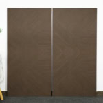 Real photo of Inspired Design Cocoa Brown Wood Look Tile planks, showcasing their intricate geometric pattern and linear, woven-like texture.