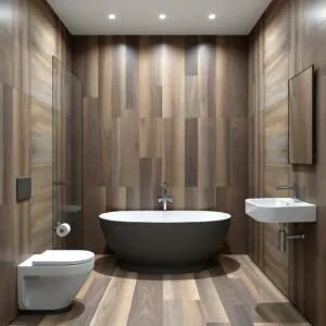 Bathroom with wood look porcelain tile showing warm plank-style surface for shower and floor design