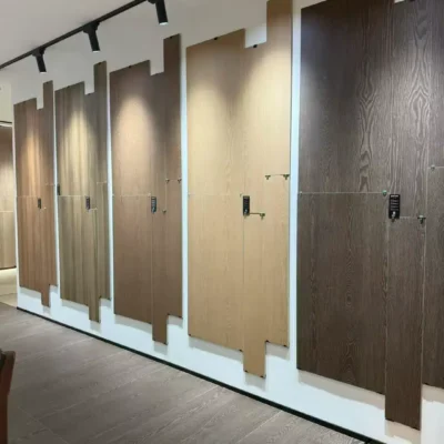 vividcozytile factory showroom, Foshan China — wood-look porcelain slabs on sliding racks