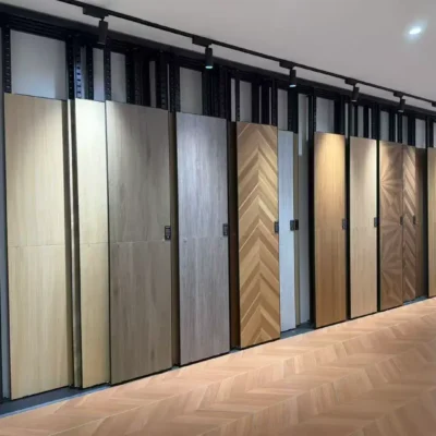 vividcozytile Foshan showroom — large square parquet-pattern porcelain wall panels