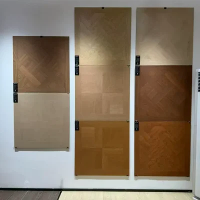 vividcozytile factory showroom, Foshan China — corridor of vertical wood-look tile displays