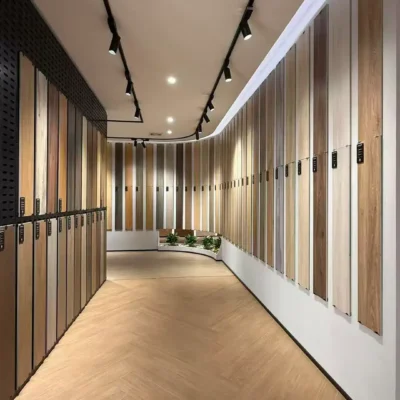 vividcozytile Foshan China showroom — large wood-grain porcelain boards on wall and floor