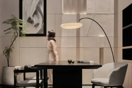 Foshan Shanyu Lake Villa kitchen with modern island, wood-look porcelain tile & SPC vinyl floor options — vividcozytile