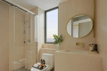 Modern bathroom with stone-look porcelain tile on floor and walls, easy to clean and durable — vividcozytile, Zhongshan
