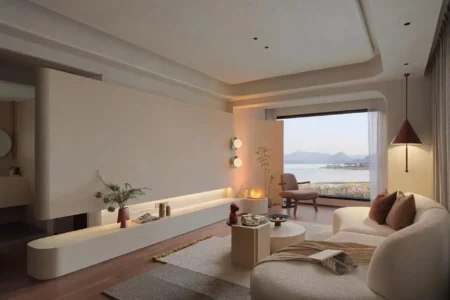 Living room panoramic windows, wood-look SPC vinyl floor for a cozy modern style — vividcozytile Blue City Xiangshan Town