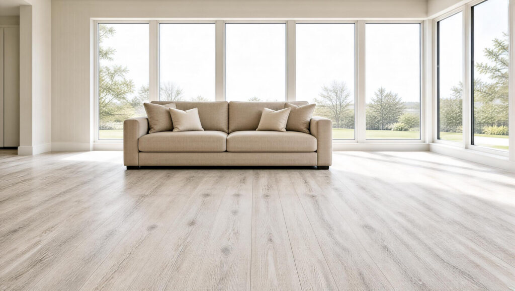 Bright modern living room with whitewash oak wood look SPC flooring