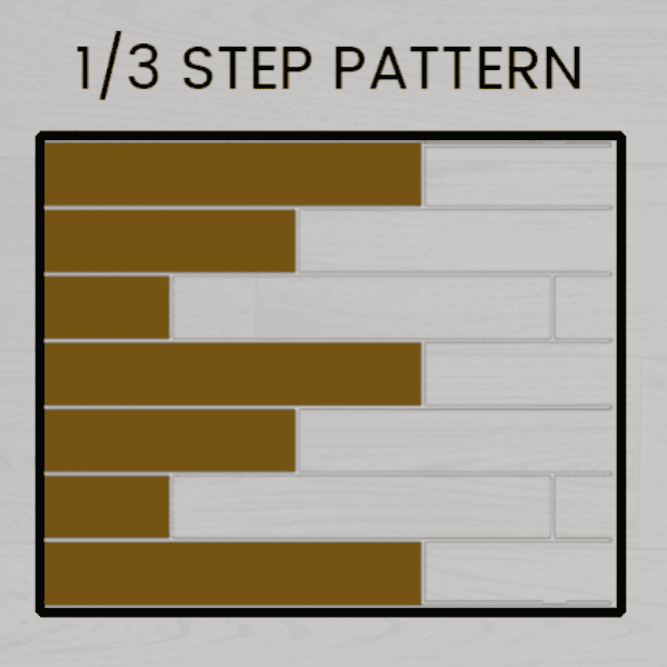 Diagram of a “1/3 STEP PATTERN” tile layout, with brown and light - colored rectangular tiles offset like bricks. Text below explains “Brick Lay” – a classic, relaxed style. Slightly more tiles needed than straight lay, useful to factor in via a flooring area calculator for accurate quantity planning